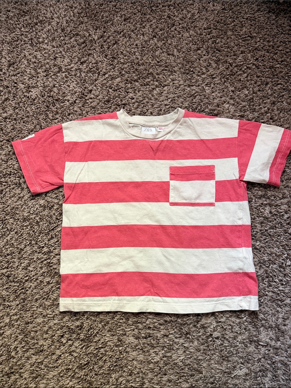 Zara Pink and White Striped Short Sleeve Tee with Pocket
